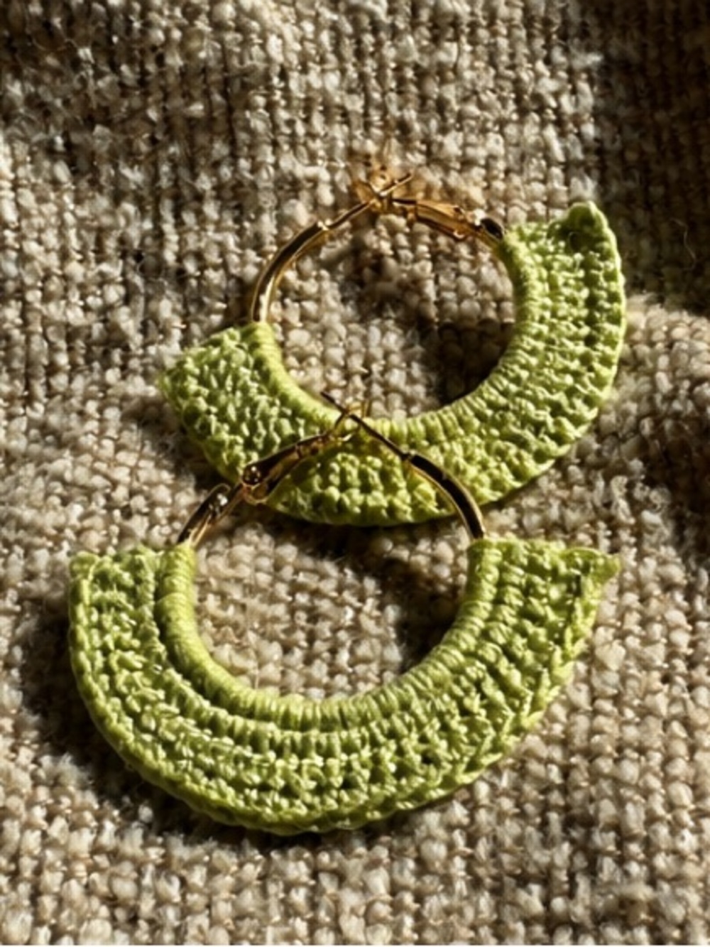 Hand-Crocheted Lime Green Accent Gold Hoop Earrings